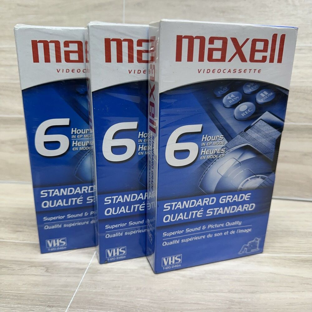 NEW 3 Maxell VHS 6 Hour T-120 Standard Grade VCR Blank Video Tapes Sealed